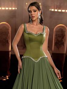 Glamrae Elegant Grayish Green Satin Chiffon Patchwork Pleated Hem Dress,Fashionable Minimalist Formal Gown For Birthday Parties,Weddings & Vacations - Green - View 2