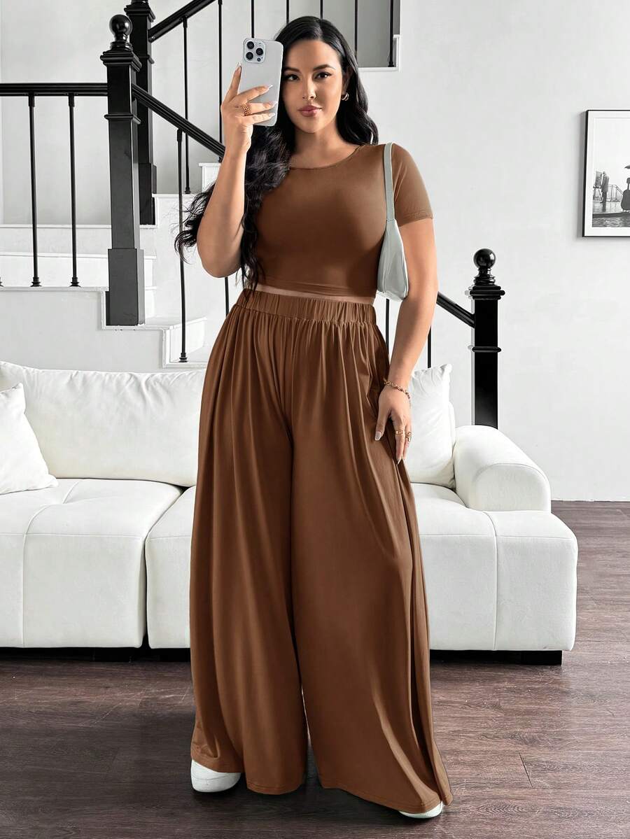 SHEIN Essnce 大码女式黑色套装，休闲裤装，两件套，秋季两件套，秋季黑色上衣两件套，少女服装，演唱会女装修身衬衫休闲套装，大码棕色两件套，女式两件套 - 摩卡棕 - 查看 1