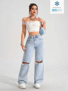 SHEIN PETITE Women's Casual Fashion Street Chic High Waist Distressed Loose Wide Leg Denim Jeans, Suitable For Daily Commute In Summer - Light Wash - View 3