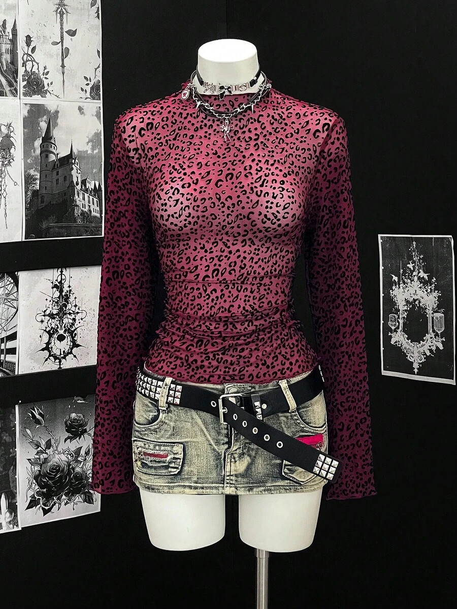 EgrlEra Women's Sexy Sheer Party Flocked Leopard Print Ruffle Trim Black Long Sleeve Top (Random Cut) - Multicolor - View 1