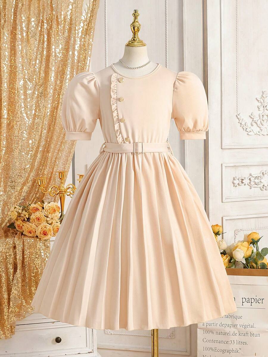 少女圆领系带褶裥短袖装饰连衣裙，春秋季 - 杏色 - 查看 1