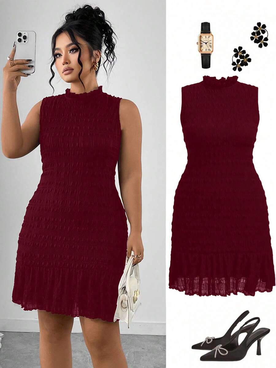 Elenzga 大码提花面料纯色荷叶边无袖连衣裙，罗纹针织修身半身裙，时尚百搭，适合约会和派对 - 酒紅色 - 查看 1