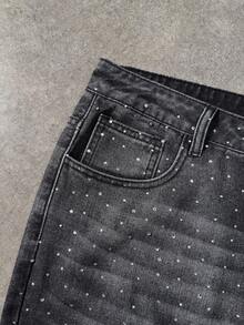 ROMWE MEN Men's Casual Fashion Street Rhinestone Washed Denim Shorts, Summer - Black - View 4