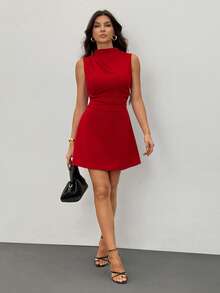 SHEIN Tall Đầm mini xếp ly dáng chữ A màu đỏ dành cho nữ, thanh lịch, tối giản, tinh tế, lãng mạn, ngọt ngào, thích hợp đi làm hàng ngày, dự tiệc cưới, lễ hội âm nhạc, kỳ nghỉ. - Đỏ - Xem 1