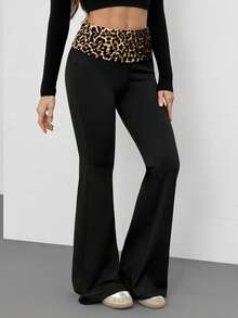 SHEIN Tall 女士时尚休闲豹纹喇叭裤 - 黑色 - 查看 5