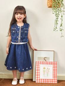 Genkimix Kids 2pcs/Set Young Girl Daisy Flower Emboidery Pocketed Denim Vest And Skirt, Childrens Jeans Skirt Set - Blue - View 1