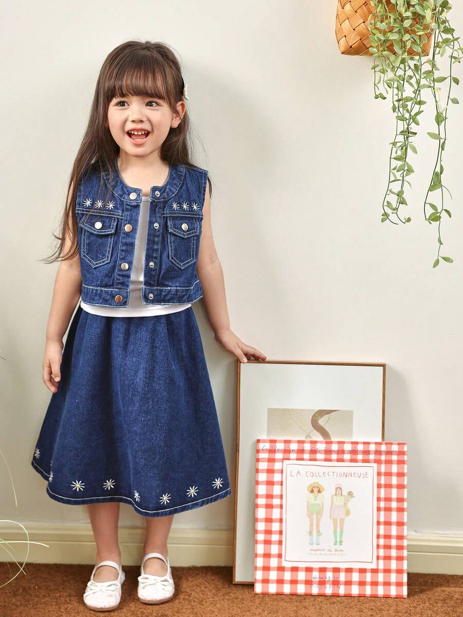 Genkimix Kids 2pcs/Set Young Girl Daisy Flower Emboidery Pocketed Denim Vest And Skirt, Childrens Jeans Skirt Set - Blue - View 1