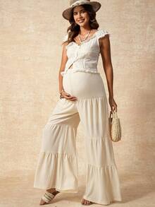 Boho Mama 孕妇休闲度假纯色纹理阔腿裤 - 杏色 - 查看 6