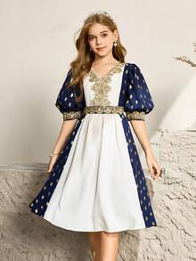 Flower Girl & Big Girl High-End Palace Style Gold Foil Puff Sleeve Elegant Party Summer Dress,Navy Blue And White Embroidered Princess Formal Gown - Blue - View 4