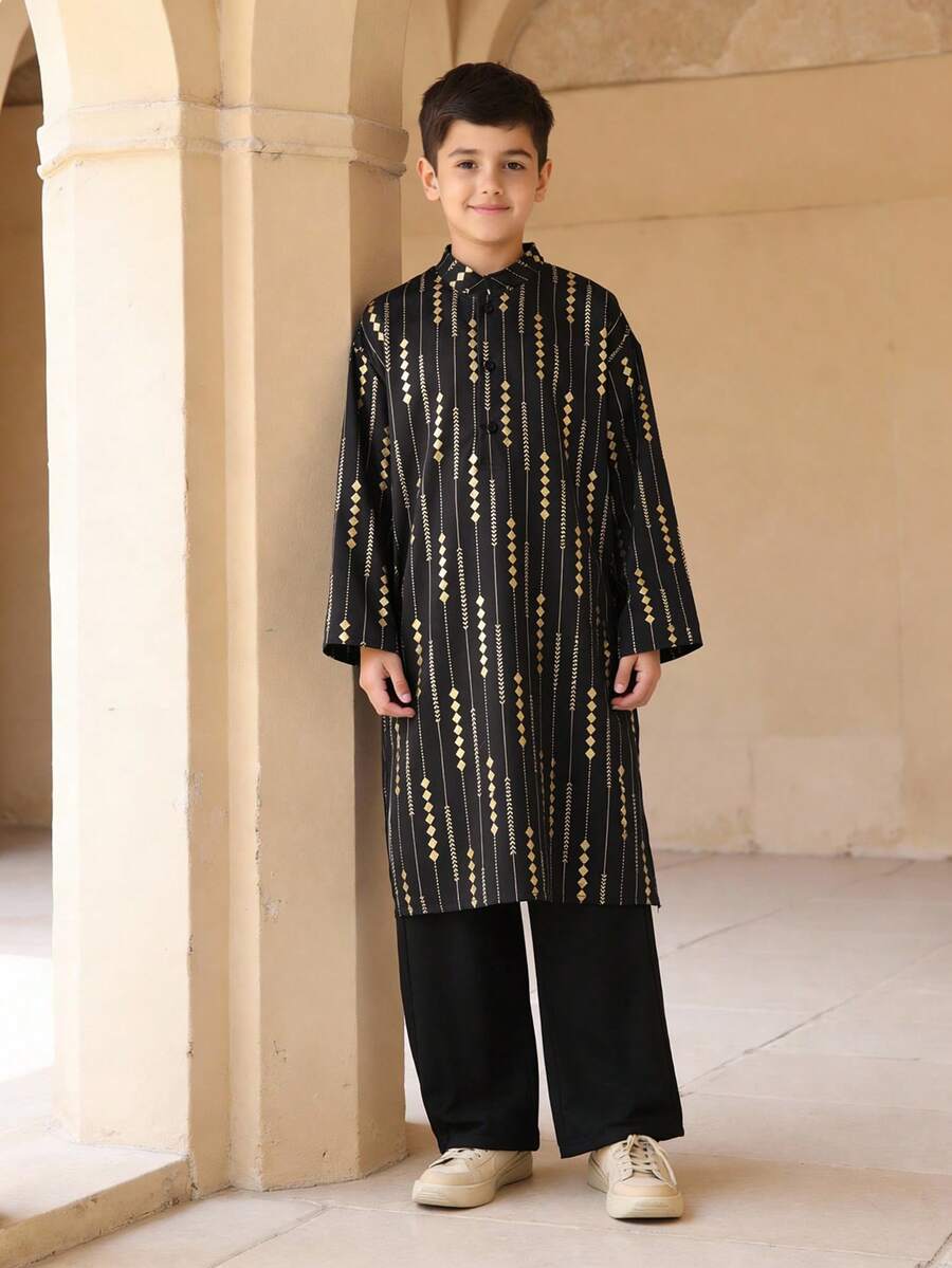 Vacaura 2pcs Set Foil Print Long Sleeve Robe & Elegant Pants, Middle Eastern Fashion Holiday Party Teenager Dress Abaya Thobe For Boys