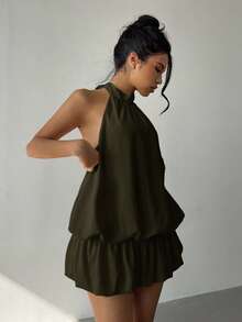 Aloruh Women's Solid Color Ruffle Hem Halter Neck Mini Dress - Army Green - View 3