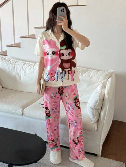 Women's Cute, Sweet, Elegant Casual Daily Comfortable Soft Knit Fabric Cartoon Character Print Cardigan Short Sleeve Top And Shorts Pajama Set, 2 Piece Loungewear