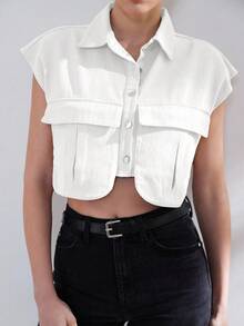 Aveloria Affinna 女士纯色短款衬衫，带翻盖口袋，女士休闲纽扣口袋无袖领常规版型短款白色蝙蝠袖衬衫，女式衬衫，春夏，休闲日常穿着