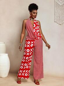 BamGleam 休闲度假风拼接水波纹印花露背系带吊带上衣搭配松紧腰宽松阔腿连体裤（女款） - 紅白色 - 查看 4