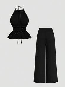Sweetra 2pcs/Set Jumpsuit Tanpa Lengan Minimalis Warna Polos dengan Ikat Pinggang - Hitam - View 2