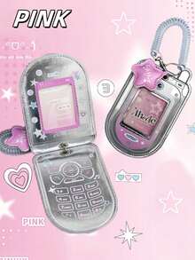 1pc Sliver Y2k Aholic Flip Phone Card Holder - Silver PU Leather Pouch For Dual SIM/ID, Mini Wallet With Keychain, Cute Kawaii Accessory - Multicolor - View 7