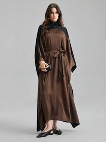 Ontre 2026 Spring/Summer New Brown & Black Contrast Belt Maxi Flare Dress, Suitable For Modern Urban Party, Back To School Season, Casual Minimalist Fashion, Bohemian Style, Vacation, Festivals, Spring, Valentine's Day & Carnival Outfits, Elegant Beach Party - Coffee - View 1