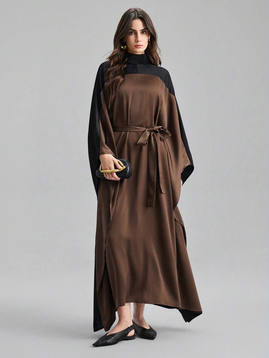 Ontre 2026 Spring/Summer New Brown & Black Contrast Belt Maxi Flare Dress, Suitable For Modern Urban Party, Back To School Season, Casual Minimalist Fashion, Bohemian Style, Vacation, Festivals, Spring, Valentine's Day & Carnival Outfits, Elegant Beach Party - Coffee - View 1
