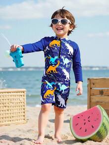 Young Boys Swimwear Cute Blue Dinosaur Printed Knitted Fabric Long Sleeve Zipper One Piece Long Sleeve Jumpsuit Suitable For Summer Vacation Swimming Summer Beach Surfing Pool Summer Party Leisure Vacation - Navy Blue - View 5