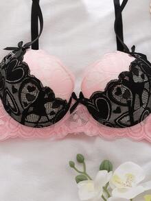 DelicateAllure 情人节撞色花卉蕾丝拼接钢圈加垫聚拢上托丰满舒适半罩杯文胸，可爱清新浪漫，蝴蝶结点缀，女士性感睡衣文胸 - 粉色 - 查看 7