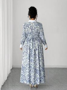 Abito camicia elegante e alla moda da donna Elenzga, con colletto, vita arricciata e stampa integrale a contrasto di colore, abito lungo con maniche lunghe in stile maxi, adatto all'autunno - Blu e Bianco - Visualizzare 2