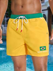 Manfinity VDAYZ Men's Colorblock Print Beach Vacation Casual Swim Trunks - Yellow - View 2