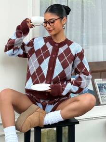 Muchica 两件套学院风菱形提花针织开衫套装 - 彩色 - 查看 3