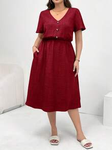 SHEIN Essnce Đầm nữ cỡ lớn thời trang xuân hè, dáng rộng thoải mái, đa năng, cổ chữ V, tay ngắn, ôm eo, dài ngang gối, màu xanh dương, có túi, phong cách châu Âu mùa hè, trang phục giáo viên cho nữ, đầm chống nắng, kiểu dáng đơn giản - Đỏ - Xem 3