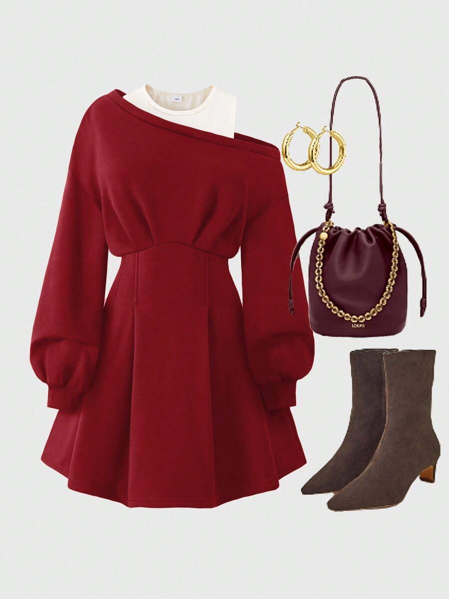 Sparklyn Đầm midi dáng lệch eo, thiết kế áo hai dây phối gân cho nữ tuổi teen, thích hợp cho các dịp thường ngày như đi chơi, đi làm, dự tiệc, phù hợp với các bạn nữ từ 13-16 tuổi. - Màu Đỏ Sâu - Xem 1