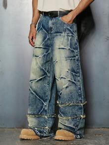 PAVTROS Men's Slant Pocket All-Over Print Casual Wide-Leg Jeans Baggy Jeans With Design Men S Ghetto Outfits With Jeans - Medium Wash - View 5