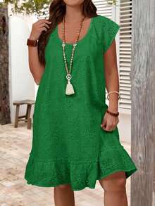 EMERY ROSE Vestido casual de verano de talla grande con bordado hueco y volante en el bajo - Verde - Ver 3