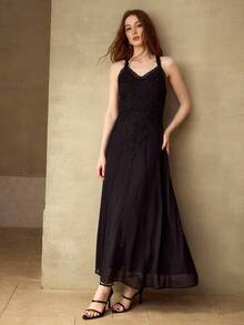 MOTF PREMIUM WOMEN'S V-NECK LACE TRIM MIDI DRESS - Black - View 6