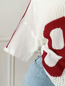 SHEIN EZwear Áo thun nữ cỡ lớn tay ngắn dệt kim khoét chữ và số, kiểu dáng thường ngày, đa năng. - Màu Đỏ Sâu - Xem 6