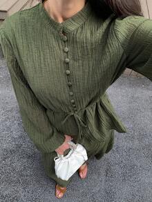 Solavon 女士休闲纯色纹理长袖上衣和半裙两件套，秋季 - 橄欖綠 - 查看 7