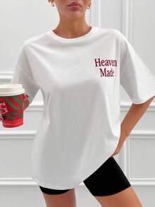 Cloudara Short Sleeve T-Shirt With "Heaven Made" Front Lettering And Angel Wings Back Hotfix Rhinestone - White - View 4