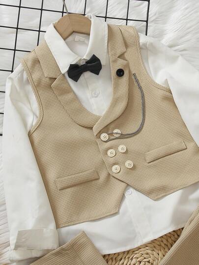 Tween Boy Gentleman 2 Pieces Set, Solid Color Minimalist Design Vest + Trousers, Formal Outfit For Birthday Party, Wedding, Ceremony, Anniversary,توكسيدو,رمضان