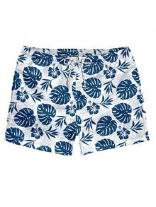 Manfinity Swimmode Men's Tropical Plant Print Drawstring Waist Pocket Beach Shorts - Black - View 3