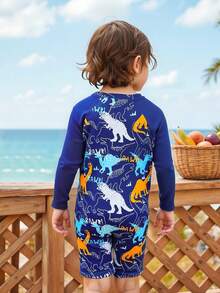 Young Boys Swimwear Cute Blue Dinosaur Printed Knitted Fabric Long Sleeve Zipper One Piece Long Sleeve Jumpsuit Suitable For Summer Vacation Swimming Summer Beach Surfing Pool Summer Party Leisure Vacation - Navy Blue - View 2