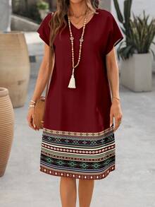 EMERY ROSE 休闲简约风红色拼接几何图案复古印花女式短袖中长连衣裙，几何复古印花，适合春夏穿着 - 彩色 - 查看 4