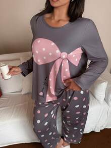SHEIN Set de pijama de 2 piezas con estampado de lunares y moño en talla grande - Multicolor - Ver 5
