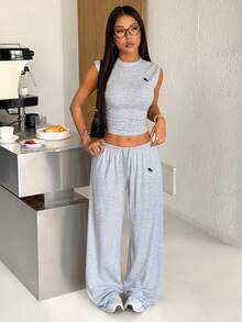 SHEIN EZwear 女士灰色刺绣针织休闲套装 - 淺灰色 - 查看 3