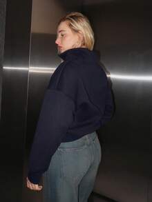 Turnttoni Women's Loose Zip-Up Hoodie - Navy Blue - View 2