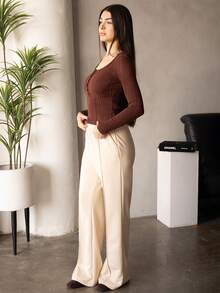 Andrea Bello Women's Casual Knit All-Match Basic Crew Neck Half Button Ribbed Knit Long Sleeve Tee Fit T-Shirt Back To School T-Shirt Teacher T-Shirt Teacher Clothes Fall Women Tops Fall Women Clothes,Brown Top Coffee Brown Top Brown Long Sleeve Top Dark Brown Top Chocolate Brown Top Winter - Coffee Brown - View 6