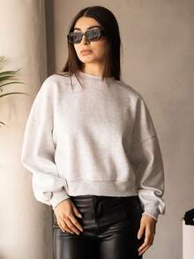 Andrea Bello 宽松廓形短款卫衣，长袖，宽松版型，适合返校季、秋冬季、圣诞节等各种场合，可爱休闲，日常百搭，Y2K街头风运动套装 - 淺灰色 - 查看 3