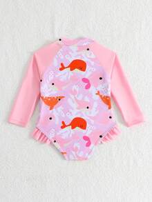 女童岛屿棕榈树印花长袖拉链连体泳衣，可爱荷叶边插肩袖防晒泳装 - 彩色 - 查看 2