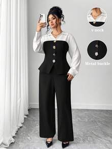 SHEIN Elenzya Plus Size Elegant Commuter Color Block Shirt & Pants 2 Pieces Set - Multicolor - View 1