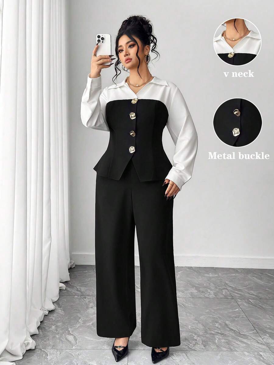 SHEIN Elenzya Plus Size Elegant Commuter Color Block Shirt & Pants 2 Pieces Set - Multicolor - View 1
