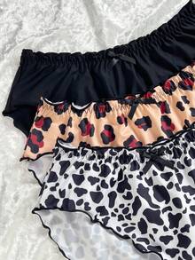 3 piezas Braguitas de bikini con estampado de leopardo + unicolor + estampado de vaca con decoración de lazo para mujer - Multicolor - Ver 3