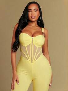 Radiana Bộ jumpsuit dài ôm sát cơ thể màu vàng nhạt, co giãn cao, không lưng, thích hợp cho khách mời dự đám cưới mùa xuân/hè hoặc ngày Valentine, trang trí bằng kim loại. - Màu vàng ngỗng - Xem 5