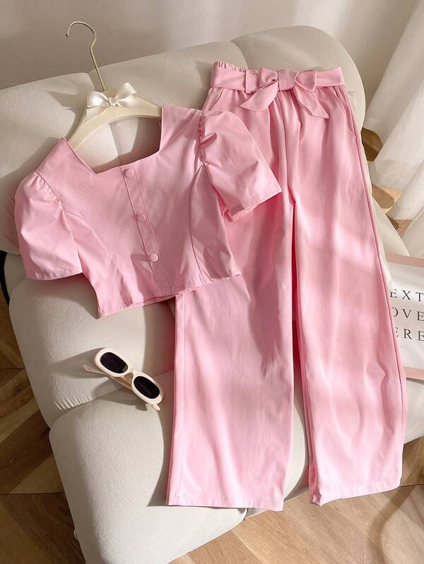 Elladie kids Set de 2 piezas: Blusa de manga abullonada rosa para niña preadolescente con falso pliegue delantero y pantalón recto holgado, conjunto casual de verano